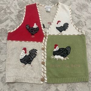 Colorful Rooster Embroidered Vest knit vintage Natural fibers Linen